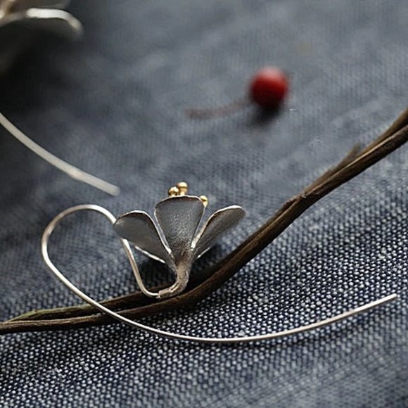 Sterling Silver Flower Drop French Hook Threader Earrings - Picture 5 of 7